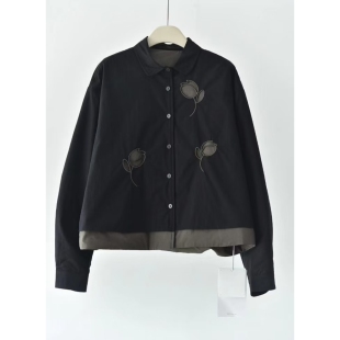 撞色薄棉服衬衫 宽松长袖 短外套 镂空花朵加棉款 一九二三l冬