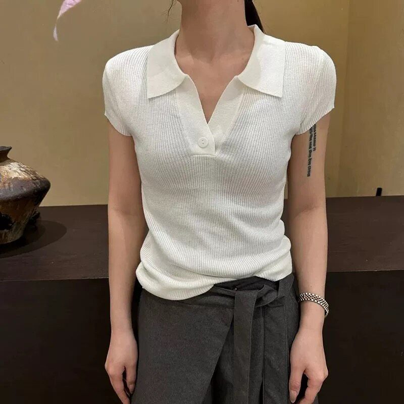 polo领针织衫高级感灰色短袖t恤女2026新款夏季修身时尚洋气上衣