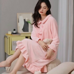 冬季加厚保暖睡衣女士可爱娃娃领纯色花边睡裙宽松可外穿家居服