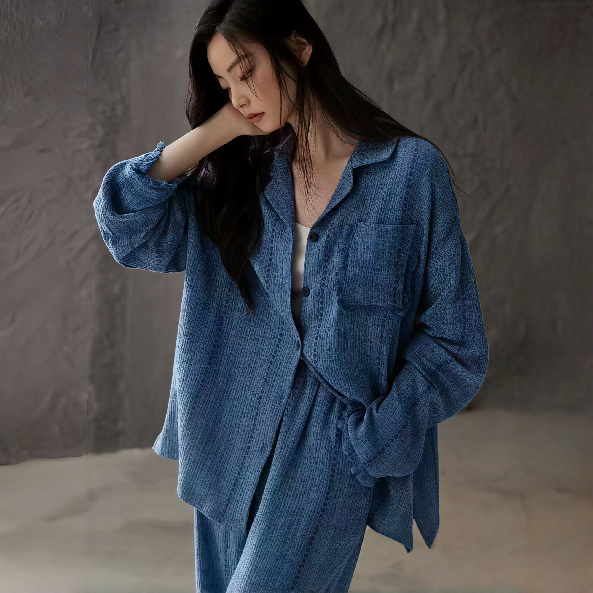 雾蓝流苏边带胸垫家居服两件套装