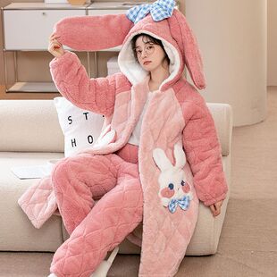 冬季加厚加绒三层夹棉保暖睡衣两件套男女可爱卡通粉兔兔连帽睡袍