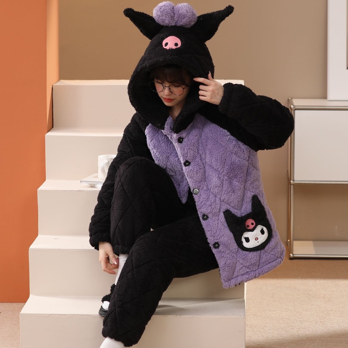 可爱库洛米保暖连帽家居服两件套