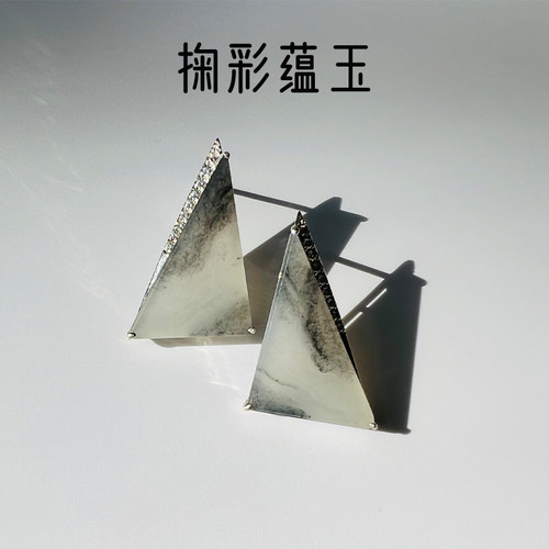 和田玉耳钉且末青花意境高货细腻油润时尚简约小众设计感个性耳饰