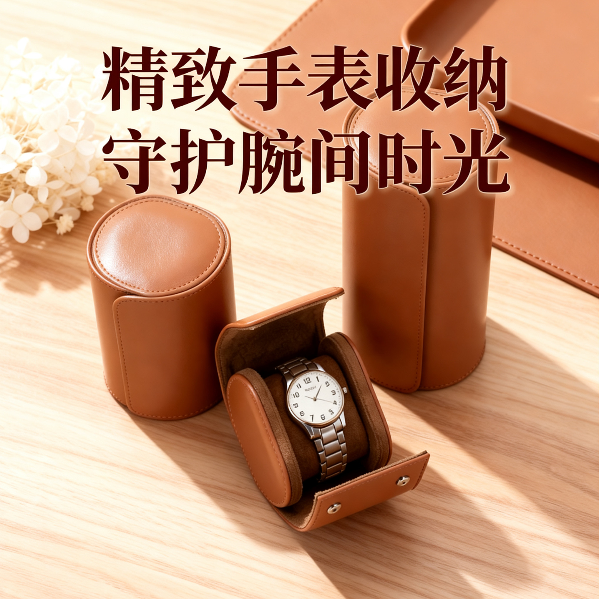 pu皮革单只装手表盒卷式皮质便携手表礼品盒复古棕色手表收纳盒
