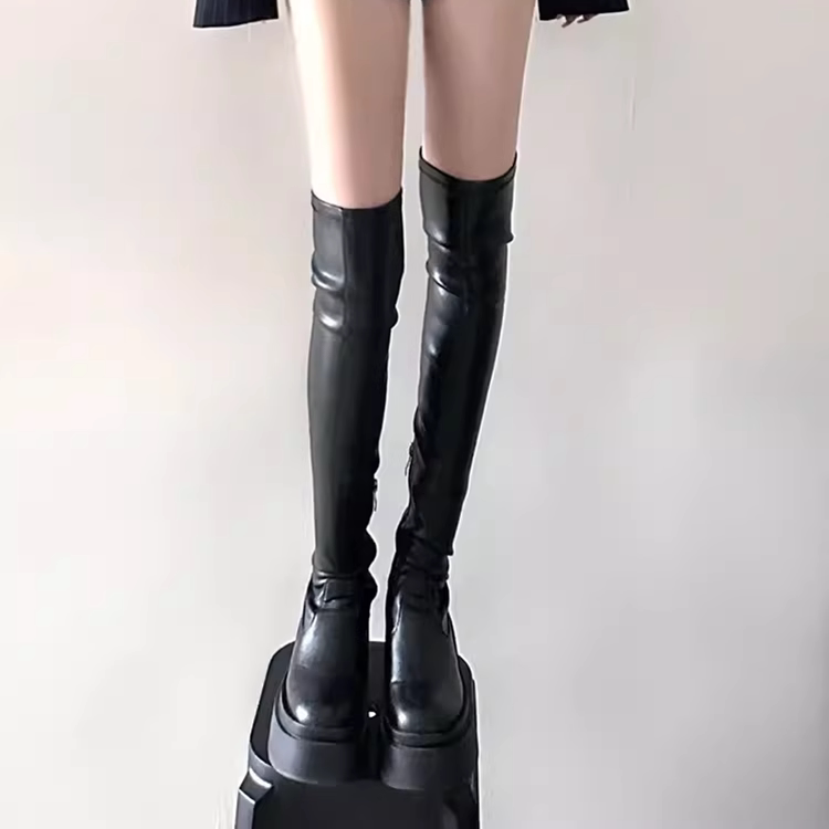 时尚百搭弹力靴女厚底粗跟长靴女秋冬小个子瘦瘦靴过膝靴女骑士靴