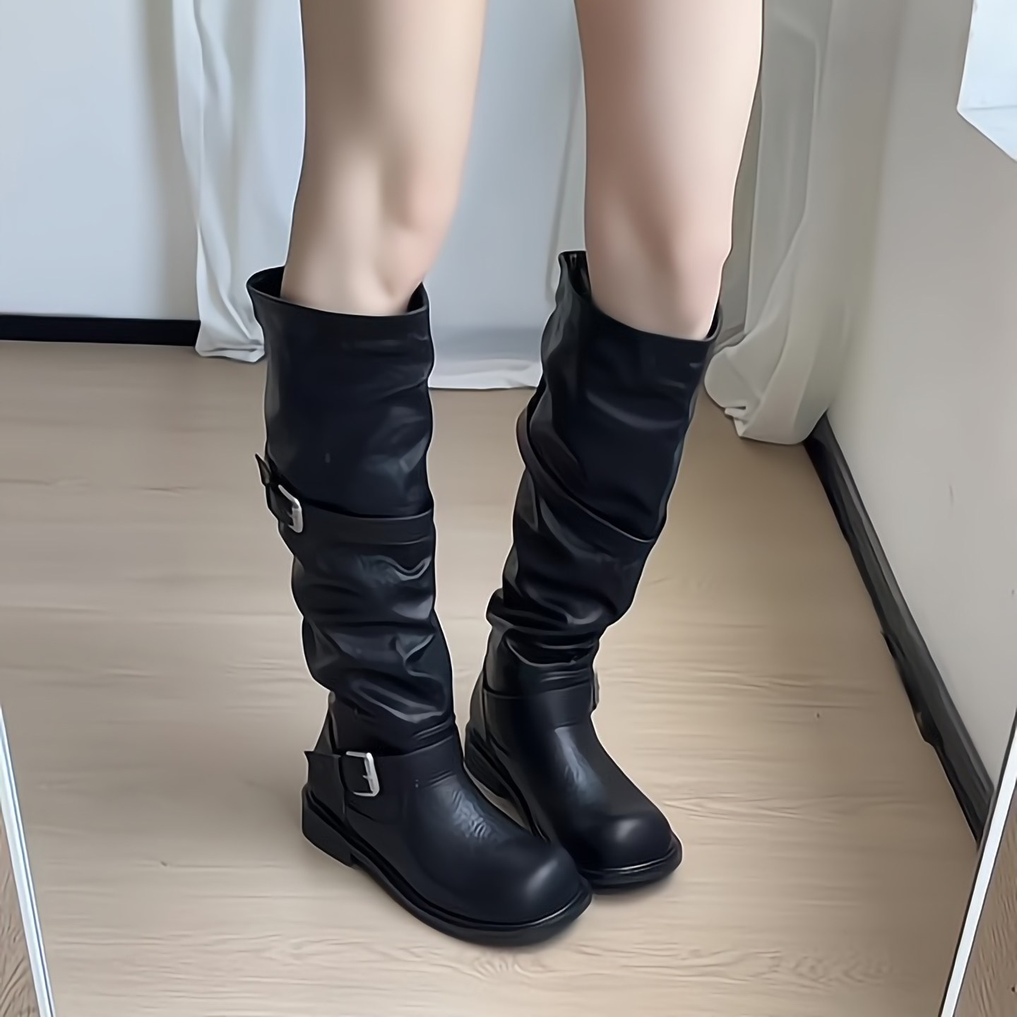 辣妹皮带扣厚底长筒靴女2026春夏季新款百搭显瘦粗跟高筒骑士靴子
