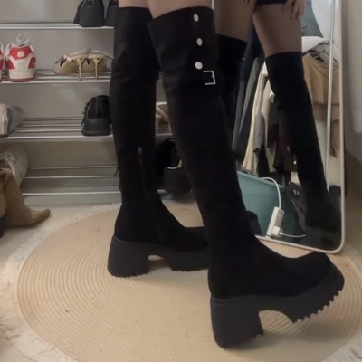 翻折两穿厚底增高瘦瘦骑士长筒靴