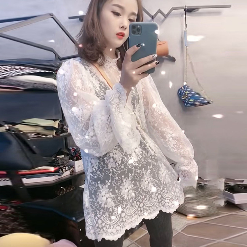欧洲站2019冬季新款女时尚仙气微透宽松百搭泡泡袖立领打底蕾丝衫|ruв категории Женская одежда, кружева свитер/шифон рубашка - от Buy2taobao.com для оказания профессиональной услуги покупки агента Taobao
