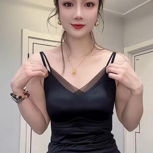 春夏新款 流光缎面网纱拼接一体深V聚拢内搭吊带显瘦遮肉美背打底