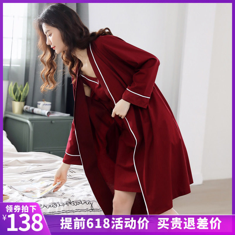 睡袍女春秋长款日式薄款浴衣纯棉性感吊带睡裙两件套长袖浴袍夏季