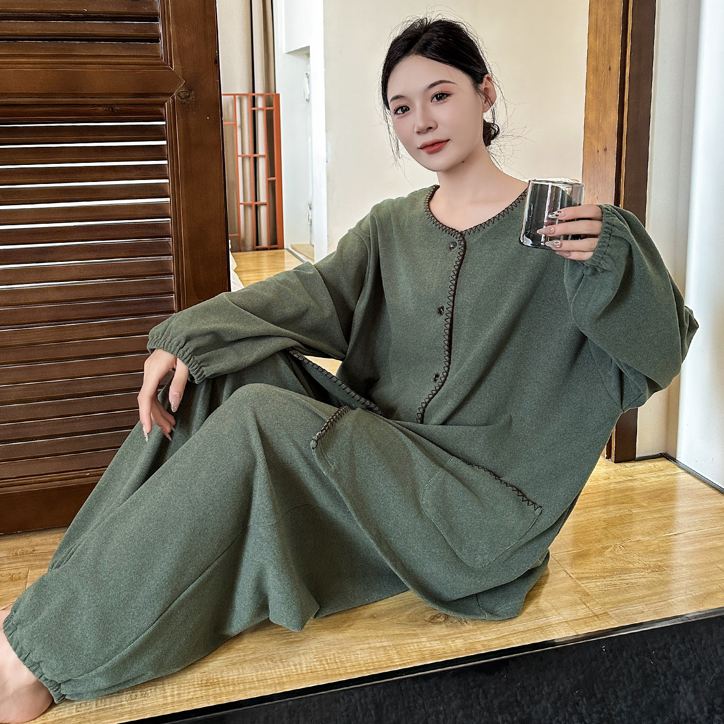 大码胖mm可外穿睡衣女秋冬德绒