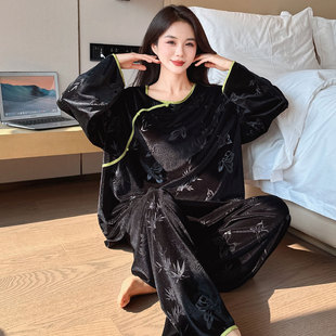 中式 国风睡衣大码 女胖mm秋冬薄绒金丝绒新中式 家居服200斤加大码