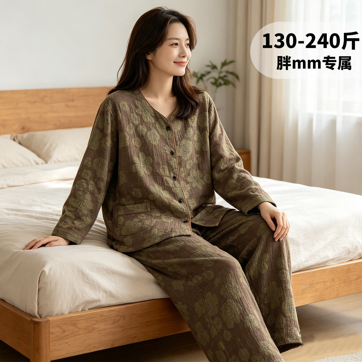 秋季可外穿纯棉大码睡衣胖mm高级感春秋棉纱双层纱家居服女200斤