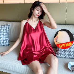 吊带睡衣两件套夏薄款 带胸垫大码 性感冰丝家居服女200斤加肥加大