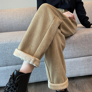 高腰宽松显瘦加绒九分松紧腰哈伦裤 咖色老爹牛仔裤 女2025秋冬新款