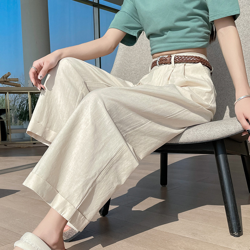 杏色卷边阔腿裤女小个子春秋2025新款显瘦百搭直筒亚麻九分裤