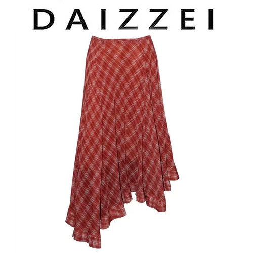 设计感红格纹不规则木耳边半身裙