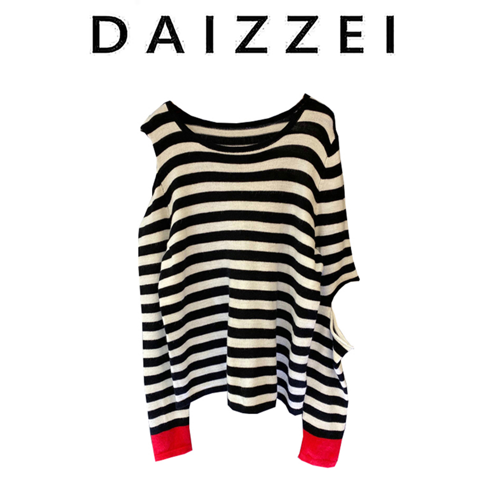 DAIZZEI~长袖套头针织衫T恤女2025春季新款破洞镂空条纹拼色上衣