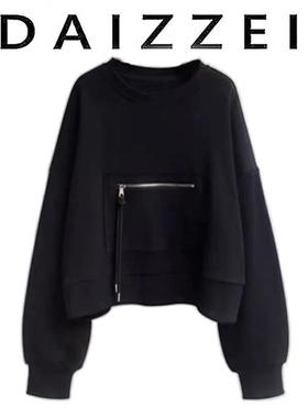 DAIZZEI~设计感口袋圆领卫衣女秋冬新款韩版宽松慵懒短款外套上衣