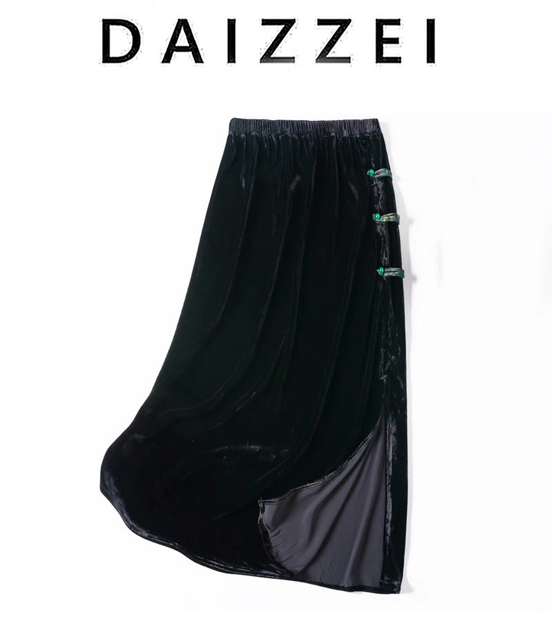 daizzei~真丝丝绒直筒裙女春秋新款复古长款松紧腰盘扣半身裙桶裙