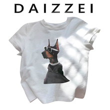 DAIZZEI~白色墨镜狗狗印花正肩短袖t恤女夏季新款美式辣妹短上衣