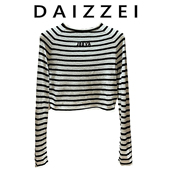 撞色圆领小衫 DAIZZEI 小个子复古黑白条纹宽松针织T恤2025秋新款