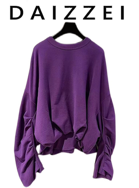 DAIZZEI~2025春季新款高品质设计感紫色圆领褶皱长袖卫衣女上衣