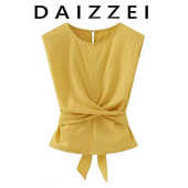 DAIZZEI 女百搭显瘦上衣 设计感别致小众圆领褶皱系带后背镂空小衫