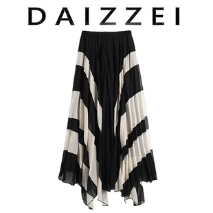 DAIZZEI不规则半身裙2025春夏新款小个子雪纺长裙高腰撞色百褶裙