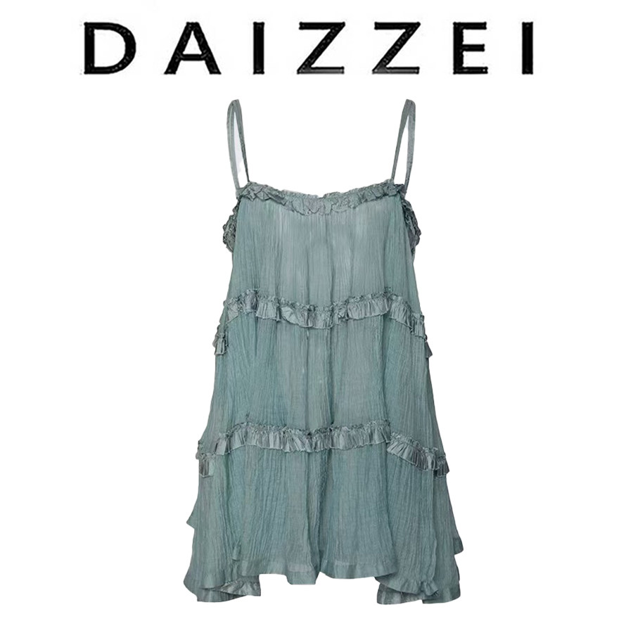 法式复古木耳边吊带连衣裙宽松裙