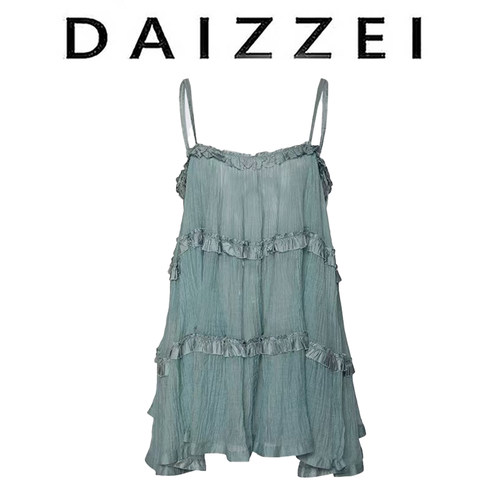 法式复古木耳边吊带连衣裙宽松裙