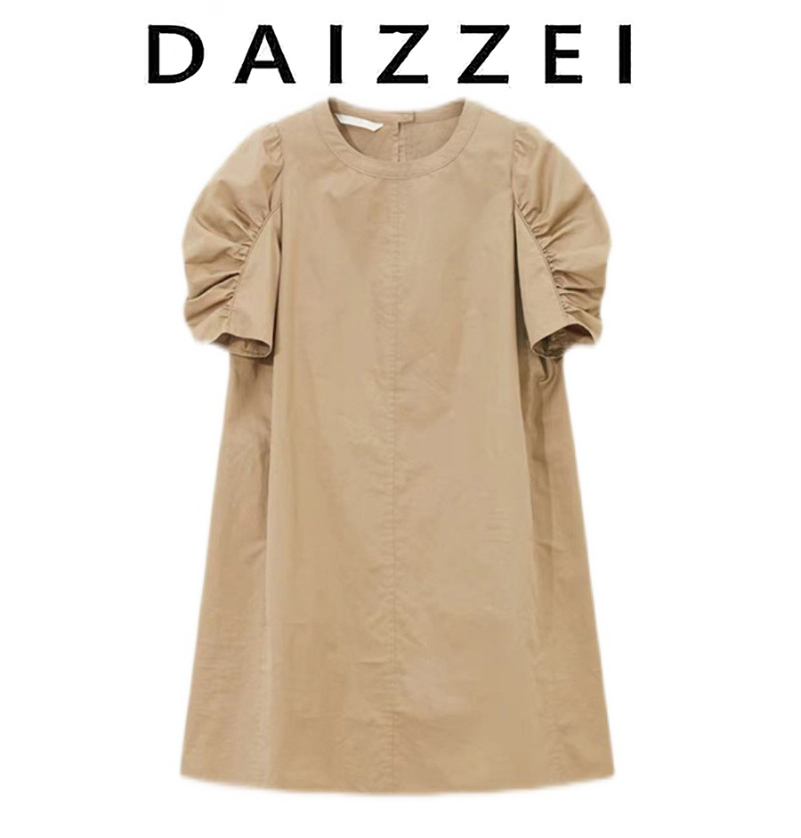 DAIZZEI~2022夏季新款圆领套头抽褶泡泡袖宽松短袖娃娃裙女连衣裙