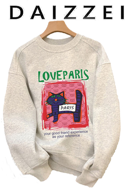 DAIZZEI~高级感灰色卫衣女秋冬卡通印花爆款美式复古圆领加绒上衣