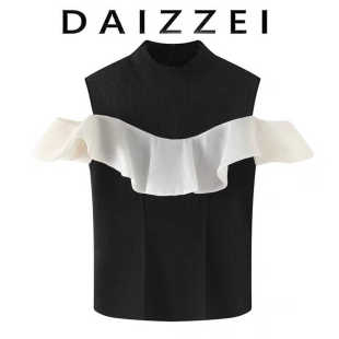 撞色荷叶边露肩针织衫 新款 DAIZZEI 女夏季 T恤潮 时尚 拼接网纱短袖