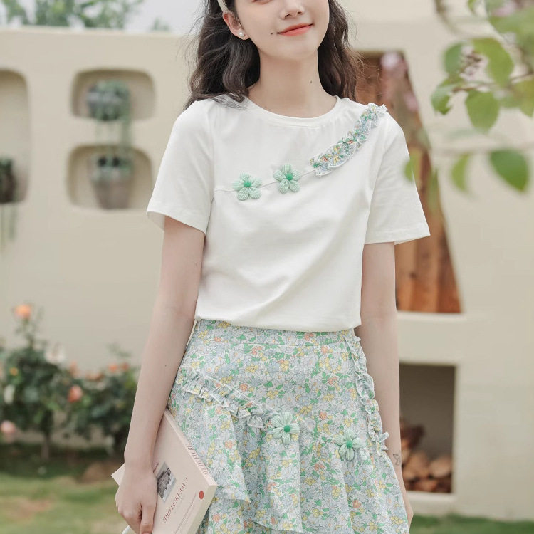小个子清新T恤套装裙女夏季花朵短袖上衣印花鱼尾半身短裙两件套