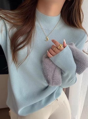 蓝色半高领针织衫毛衣女春秋冬内搭保暖打底衫修身长袖中领毛线衣