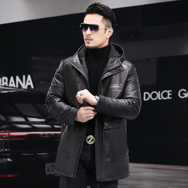 真皮皮衣男中长款羽绒服连帽修身2026海宁冬季加厚绵羊皮风衣外套