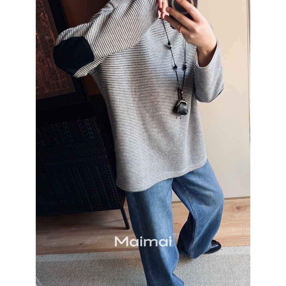 秋冬显瘦宽松百搭洋气条纹加绒T
