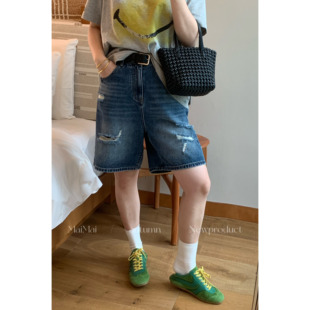 新款 夏季 街头基调 高腰宽松百搭休闲复古破洞牛仔短裤 郑买买