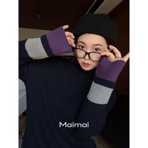 新款撞色拼接设计感高领针织衫女