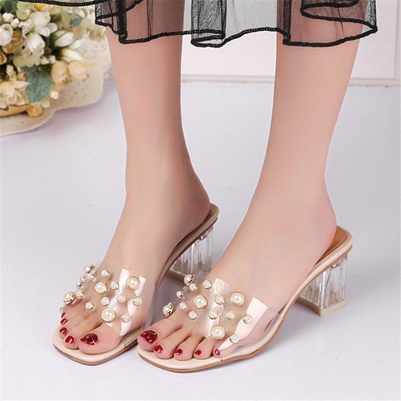 拖鞋女夏2019新款露趾一字型粗跟凉拖鞋珍珠高跟鞋水晶跟透明女鞋|ruв категории Женская обувь, тапочки - от Buy2taobao.com для оказания профессиональной услуги покупки агента Taobao