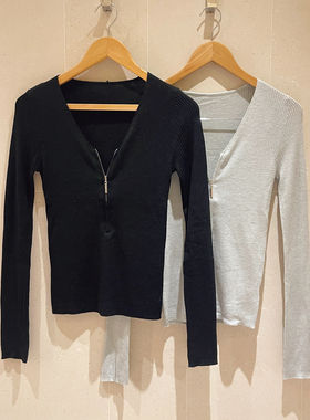 KOGIRL韩版时髦气质V领半拉链门襟修身显瘦干爽轻盈舒适针织衫女