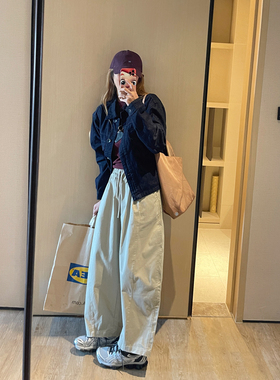 KOGIRL秋季韩系简约舒适弧形休闲裤宽松显瘦松紧腰长裤梨形日系裤