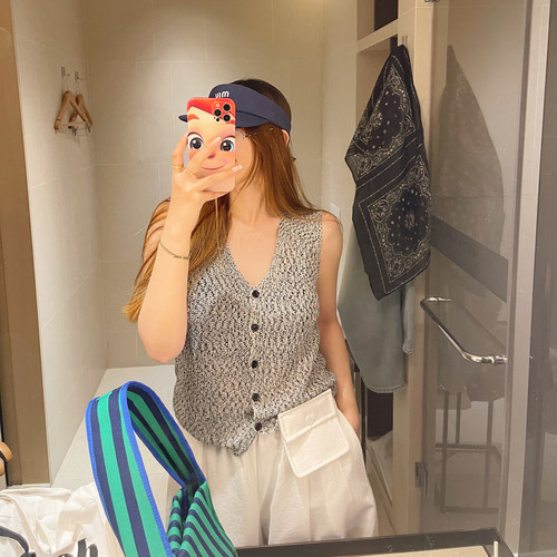 夏老钱风仿麻V领薄款针织马甲女