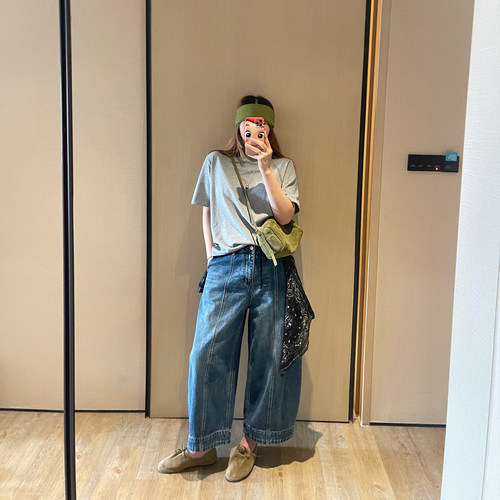 韩系东大门弧形复古九分牛仔裤女