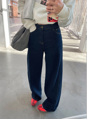 KOGIRL丹宁原色拉绒立裁弯刀裤直筒牛仔裤女松弛宽松慵懒感阔腿裤