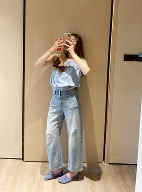 KOGIRL夏季莱赛尔汉麻猫须破洞高腰窄版九分法棍裤直筒牛仔裤女