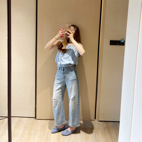 莱赛尔汉麻破洞高腰九分牛仔裤女
