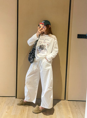 KOGIRL~100棉白色舒适韩系工装松紧抽绳直筒口袋褶皱休闲直筒裤女