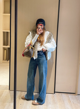 KOGIRL 冬季抓绒巴黎街头通勤高腰直筒牛仔裤显瘦柔软休闲长裤女